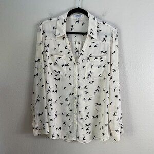 Express Portofino Shirt Womens XL White Black Bird Print Button Up Blouse Top